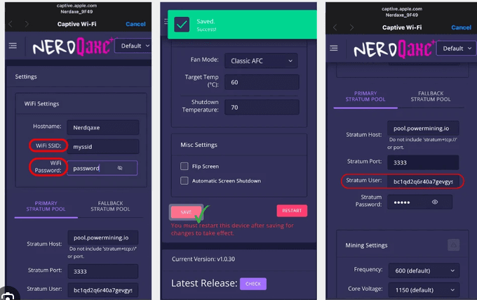 Supplied NerdQaxe interface reference showing Wi-Fi and Stratum configuration fields
