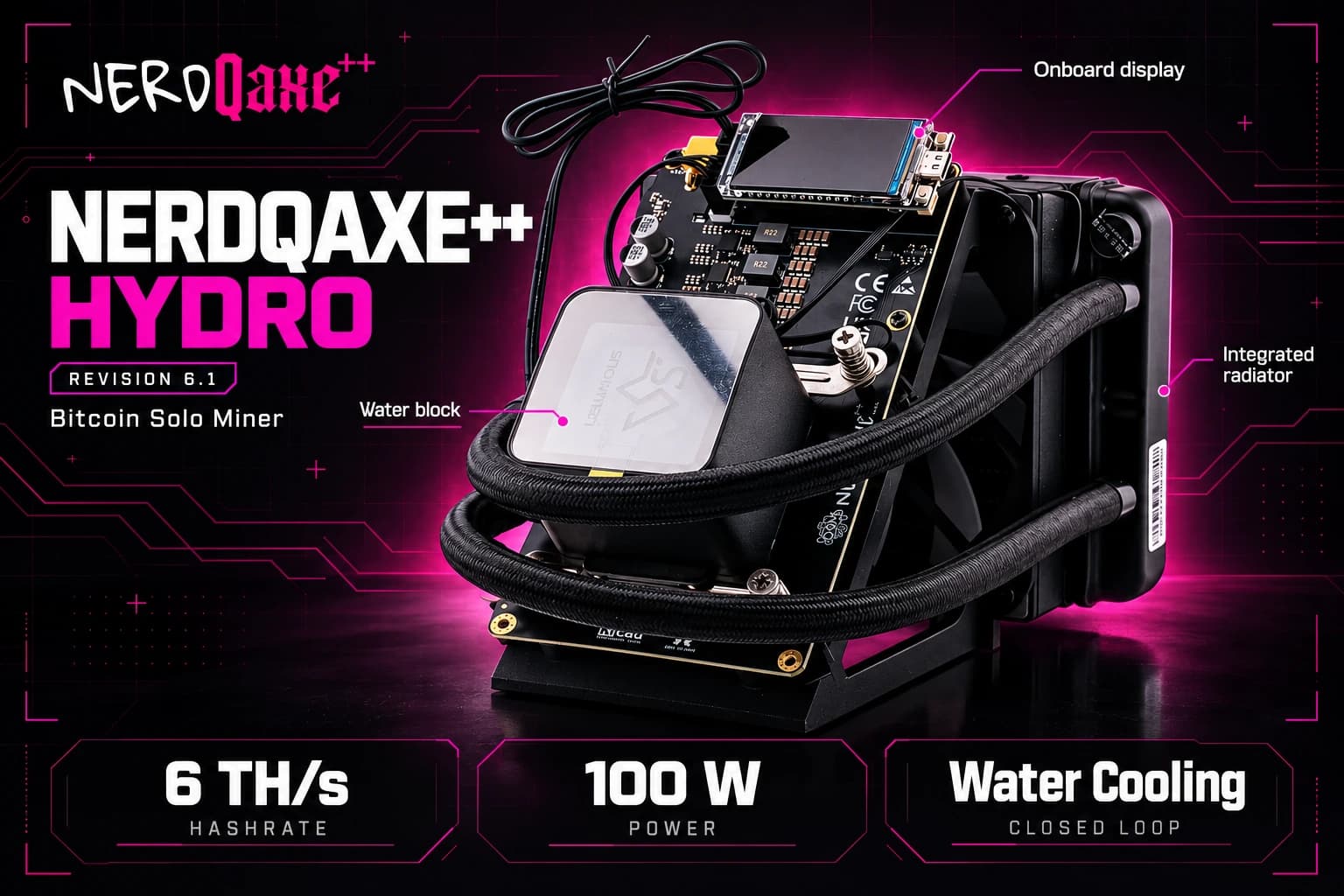NerdQaxe++ Hydro Revision 6.1: 6 TH/s, 100 W, water cooling, onboard display, water block and integrated radiator